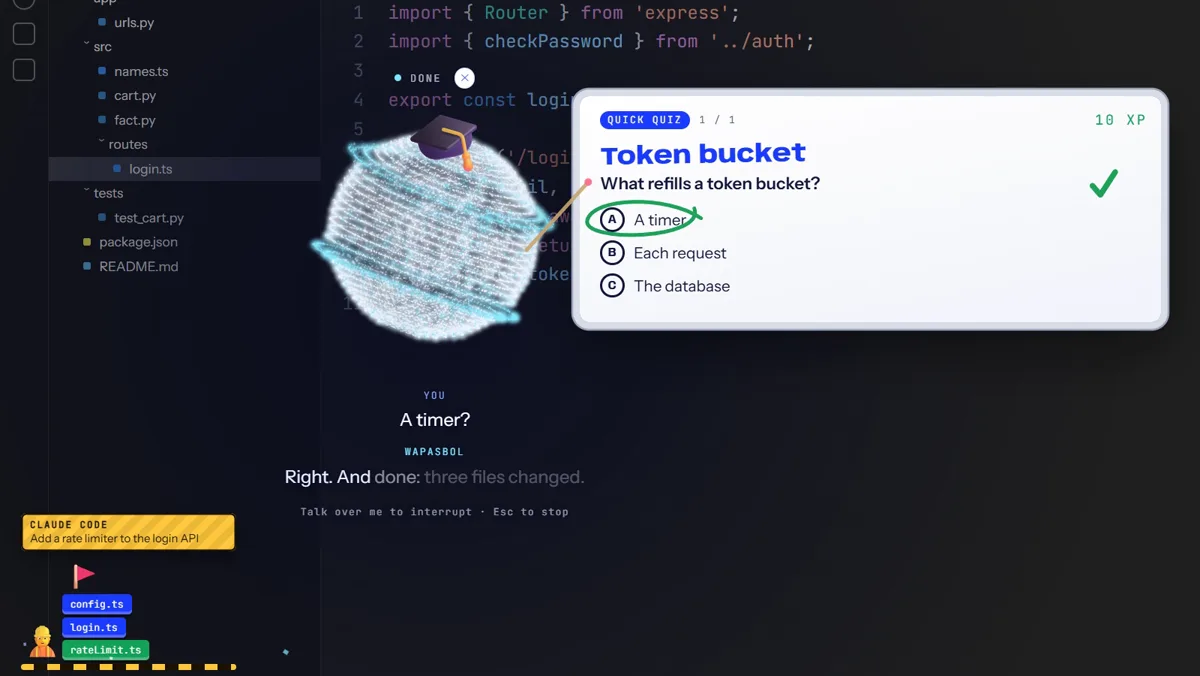 A quiz card, “What refills a token bucket?”, answered right, while a Claude Code build shows files changing at the bottom