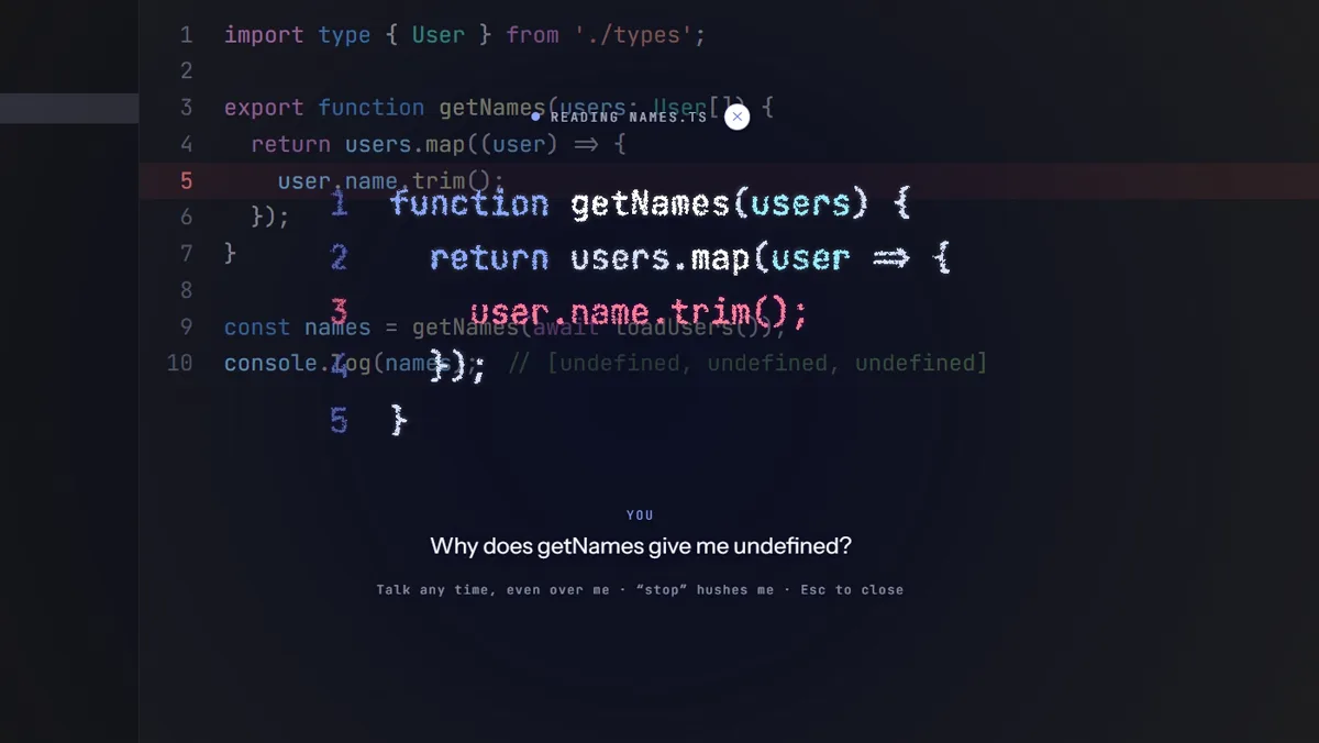 The WapasBol orb turned into the code of names.ts, the line with the bug glowing, under the question “Why does getNames give me undefined?”