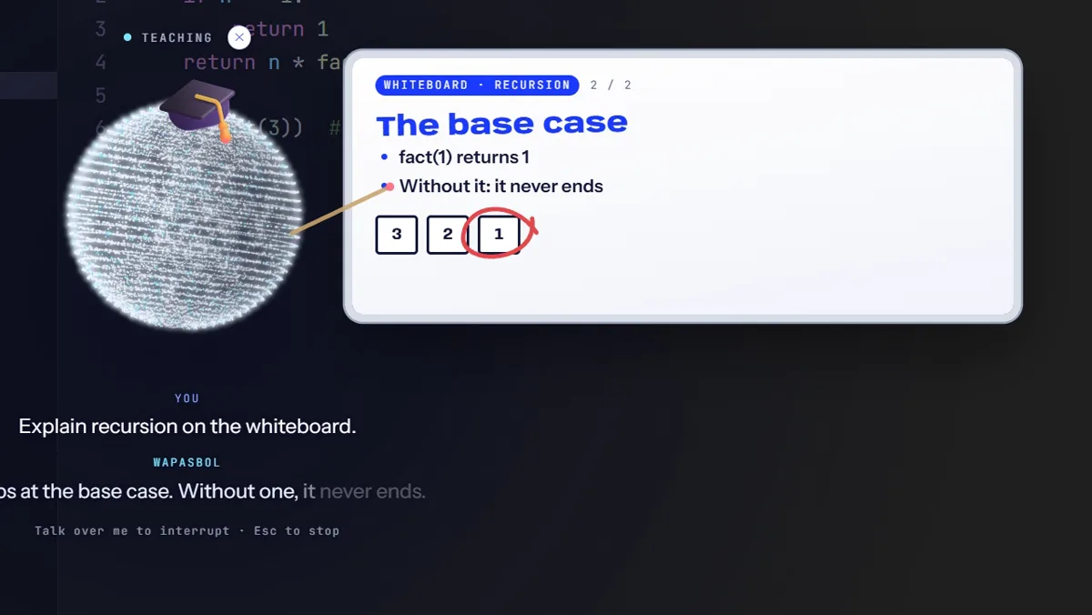 A whiteboard titled “The base case” beside the orb, with boxes 3, 2 and 1 and the last one circled